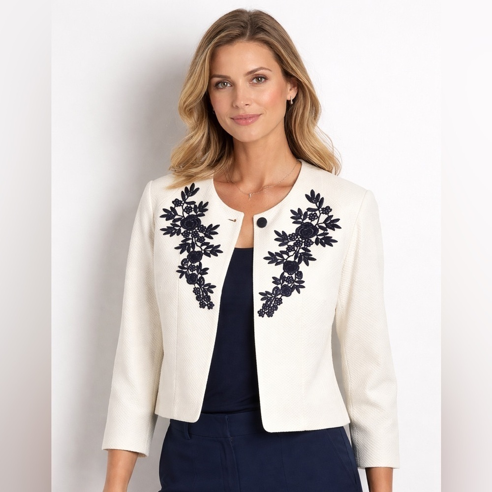 Danny & Nicole Ivory Cropped Blazer Embroidered Floral Jacket 16